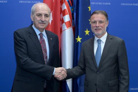 Bilateral meeting between the Speaker of the Croatian Parliament Gordan Jandroković and the Speaker of the Grand National Assembly of Türkiye Numan Kurtulmuş on the eve of the Three Seas Initiative Parliamentary Summit, Croatian Parliament, 24 March 2026 (Photo: Croatian Parliament)