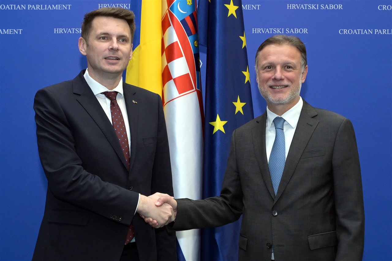 Bilateral meeting between the Speaker of the Croatian Parliament, Gordan Jandroković, and the President of the Senate of the Parliament of Romania, Mircea Abrudean, on the eve of the Three Seas Initiative Parliamentary Summit, Croatian Parliament, 24 March 2026 (Photo: Croatian Parliament)